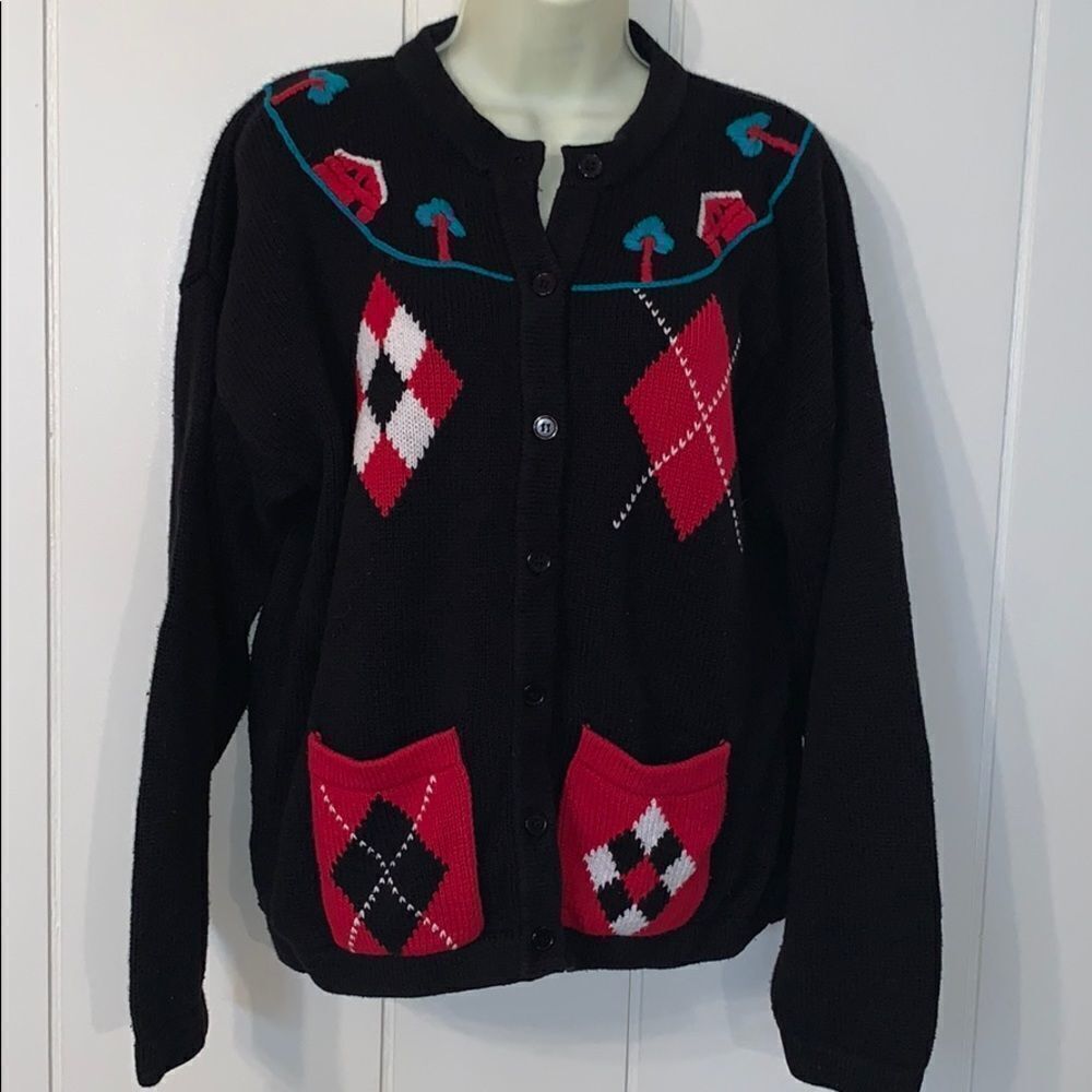 Vtg 90s Koret black thick‎ knit cardigan sweater